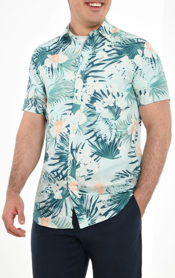 Dobell Green Floral Print Linen Short Sleeve Shirt | Dobell