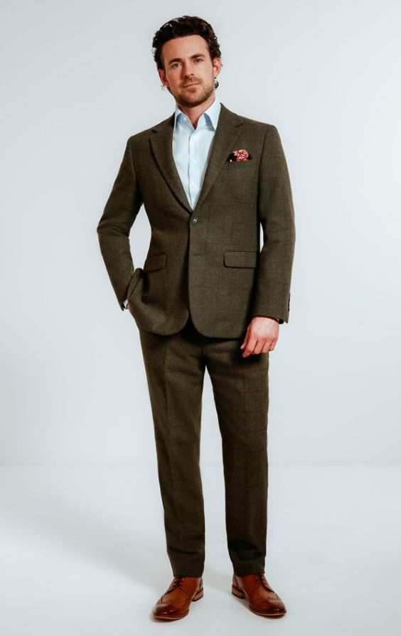 Dobell Green Windowpane Check Tweed Suit | Dobell