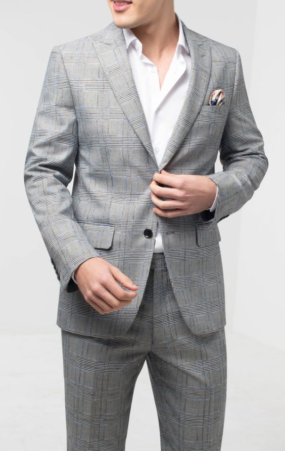 Dobell Light Grey Prince Of Wales With Blue Overcheck Suit