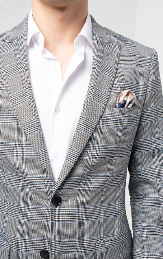 Dobell Light Grey Prince Of Wales With Blue Overcheck Suit | Dobell