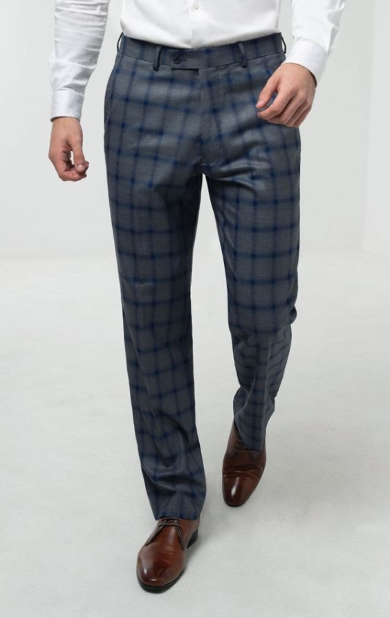 Dobell Grey With Blue Multi-Stripe Windowpane Check Suit | Dobell