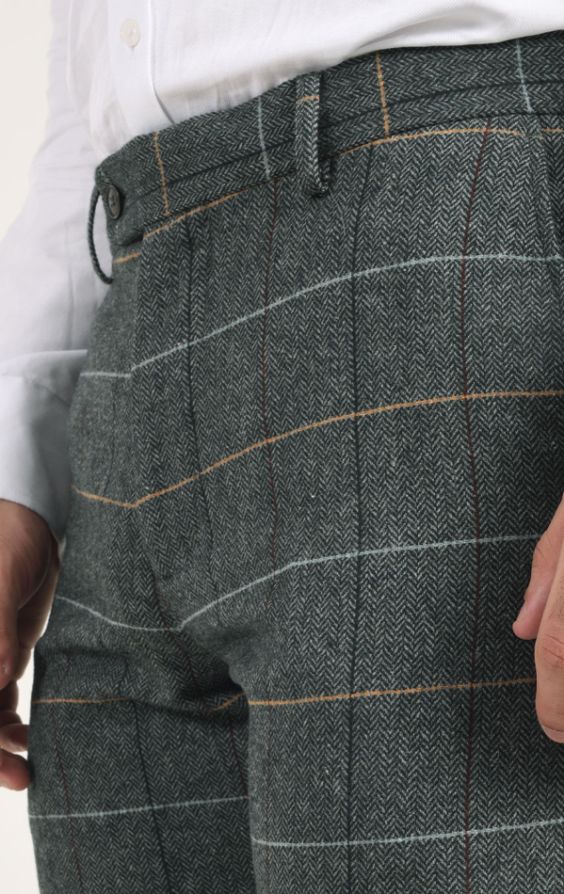 Loch Hart Green Herringbone Windowpane Check Tweed Trousers