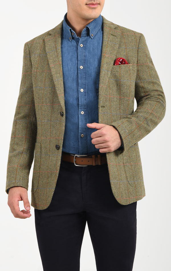 Dobell Green Windowpane Check Wool Blend Tweed Jacket